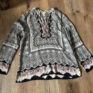 Sundance 100% silk Boho festival floral print Aztec long sleeve blouse size M